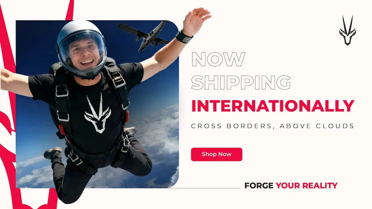 Skydiver wearing Coryx apparel with international shipping banner.

